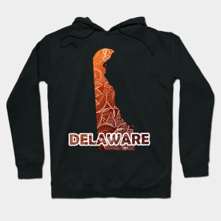 Colorful mandala art map of Delaware with text in brown and orange Hoodie